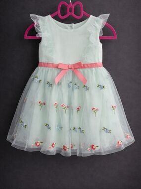 Blueberi Boulevard Mint Floral Tulle Dress with Pink Waist Bow